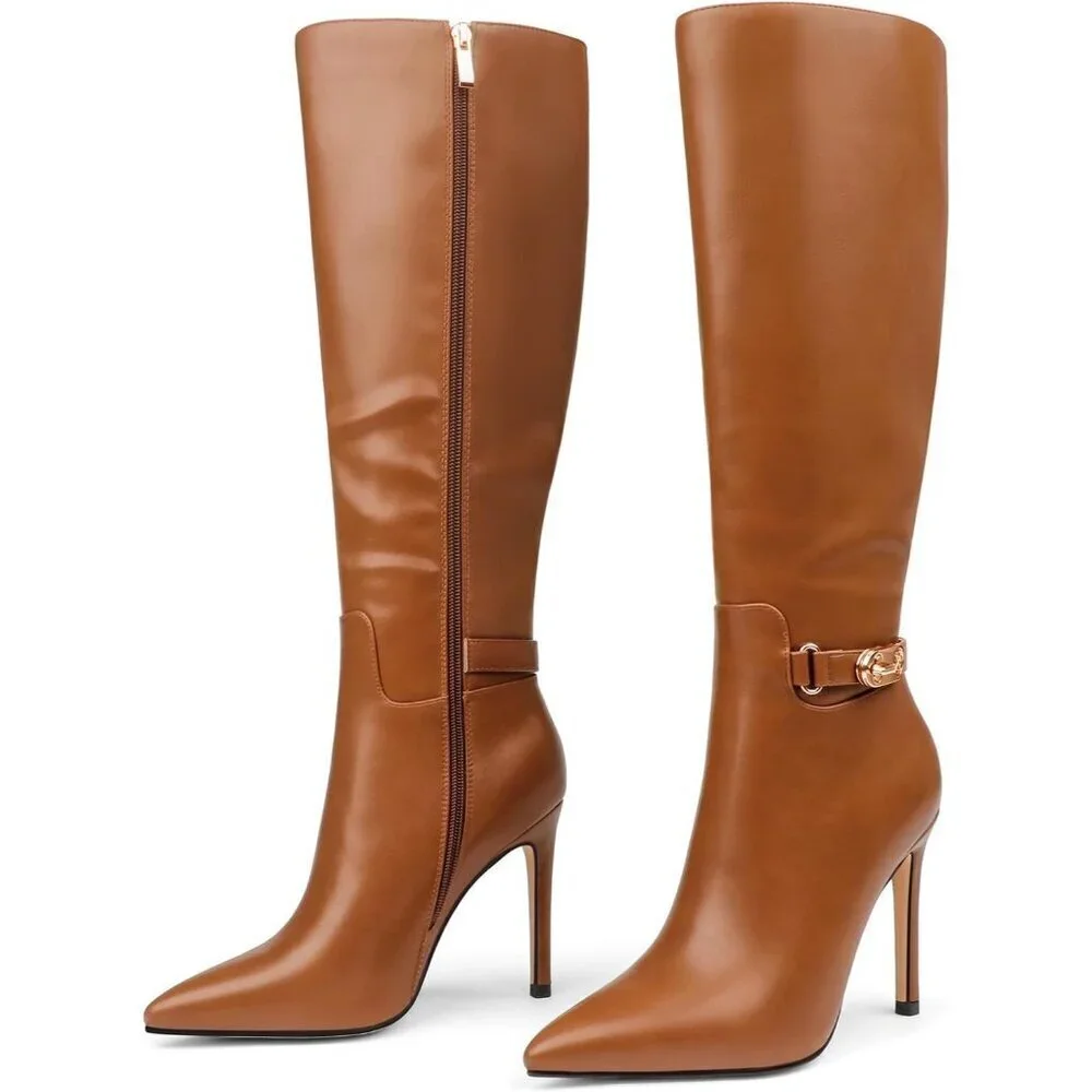Women's Brown Matte Stiletto Slouch Knee High Dress Boots Pointed Toe Buckle